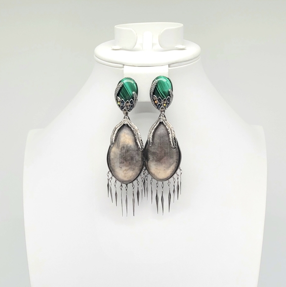 Alexis Bittar Gray Lucite and Malachite Glass Feather Earrings Clip On Silver - Picture 9 of 11